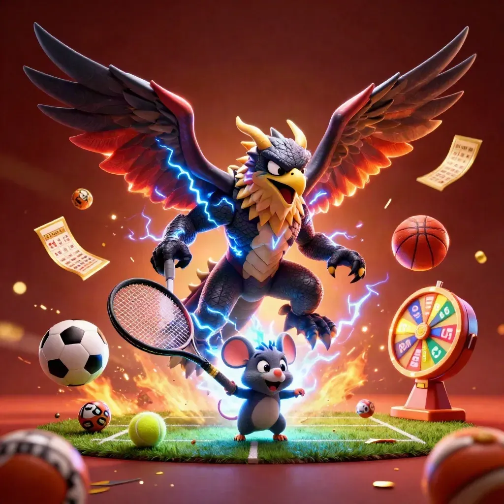Thunder dragon, hawk, and mouse explode amid casino sports props and glowing lights.