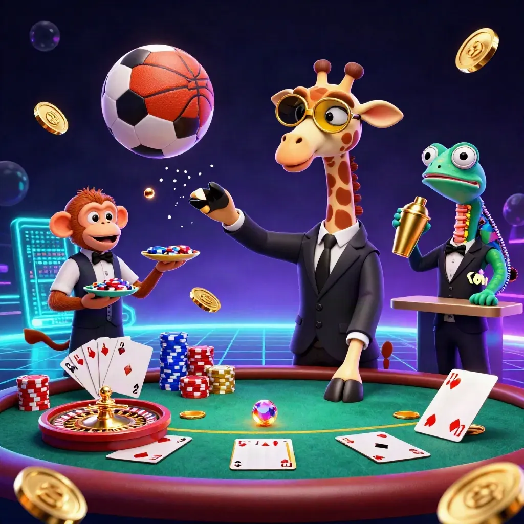 Giraffe, monkey, and chameleon in a neon casino sports splash with flying balls and chips.