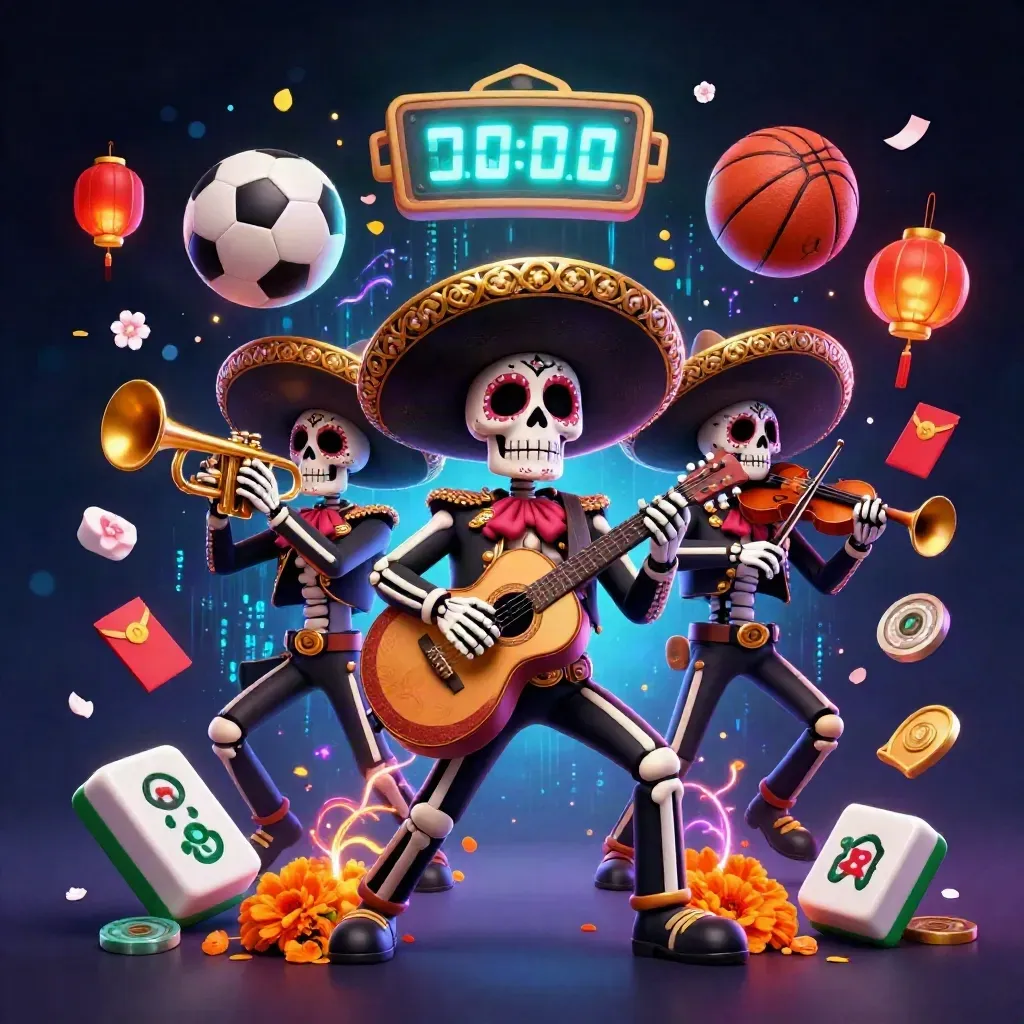 Skeleton mariachi trio in neon casino sports burst with balls, petals, lanterns, coins, and sparks.