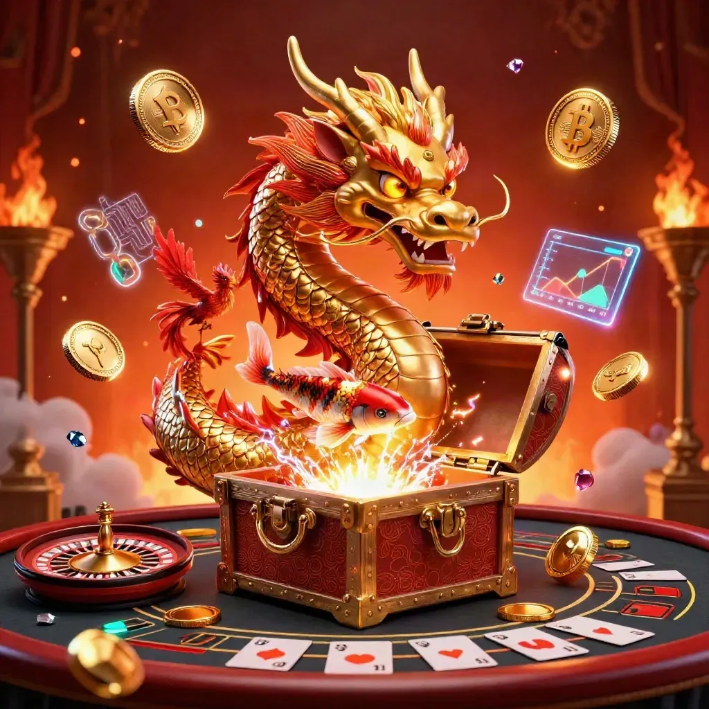 Dragon, phoenix and koi amid casino glow, coins, lightning, roulette and brass