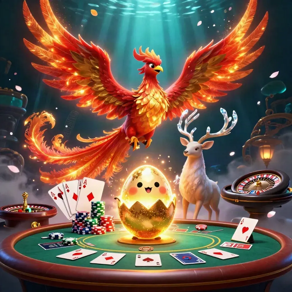 Phoenix, hatching egg, and crystalline stag amid casino table glow and drifting petals.