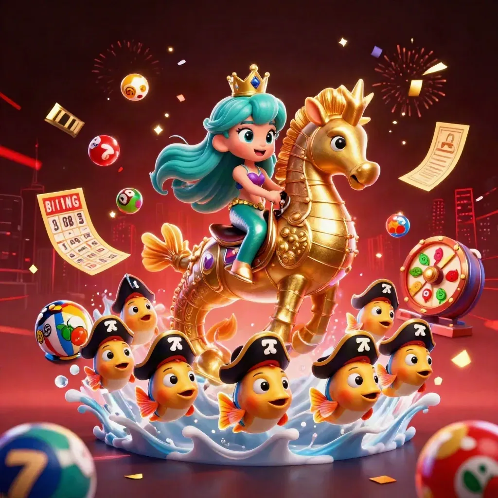 Mermaid princess on a gold seahorse amid casino prizes, fireworks, and red-gold glow.