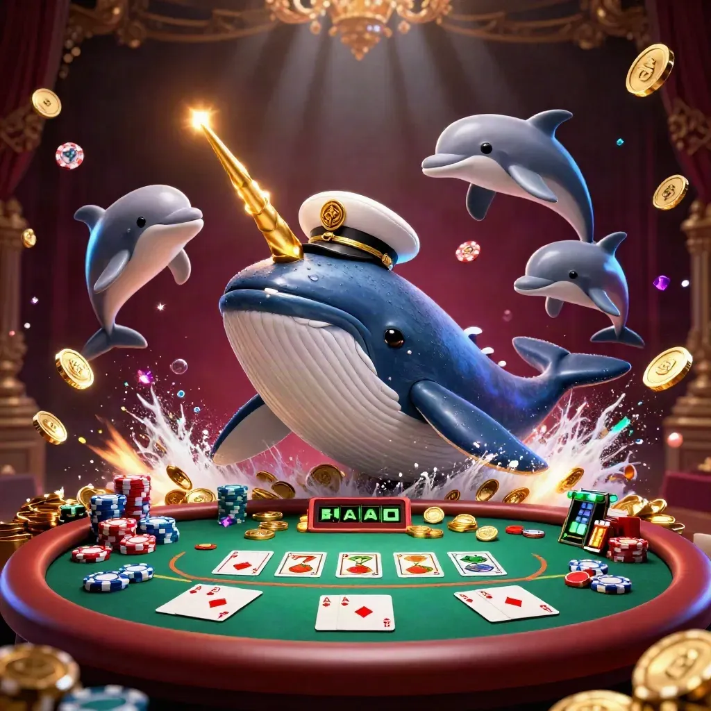 Captain whale, narwhal, and dolphins blast through coins with poker chips and glowing casino effects.