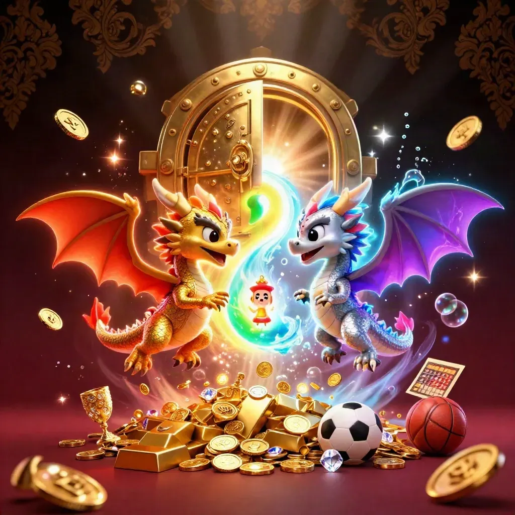 Gold and silver dragons burst from a vault with coins, gems, sports props, and glowing lights.
